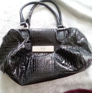 GUESS Shiny Black Croc-Embossed Satchel